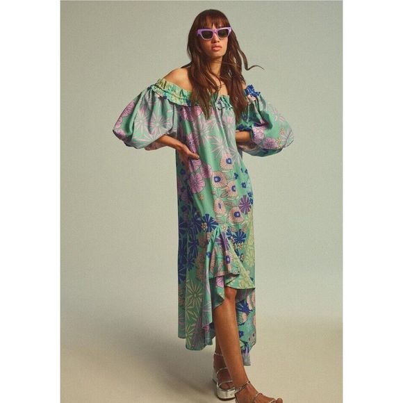 New ANTHROPOLOGIE Oopscool Off-the-Shoulder Printed Dress Sz Small - Picture 1 of 11